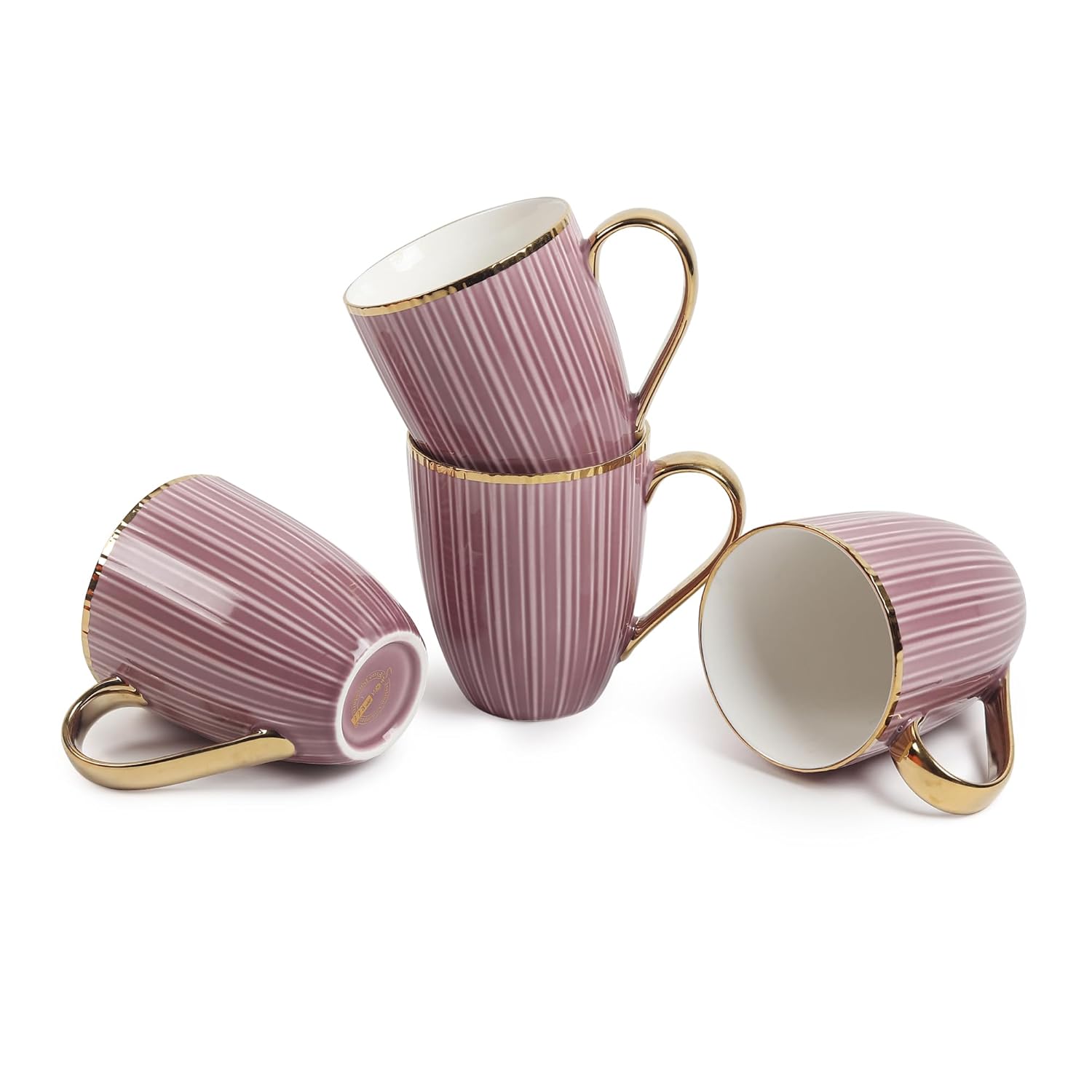 Luxurious Earthy Pink Porcelain Mug Set – 4-Piece Tea & Coffee Mugs with Gold Rim & Handle