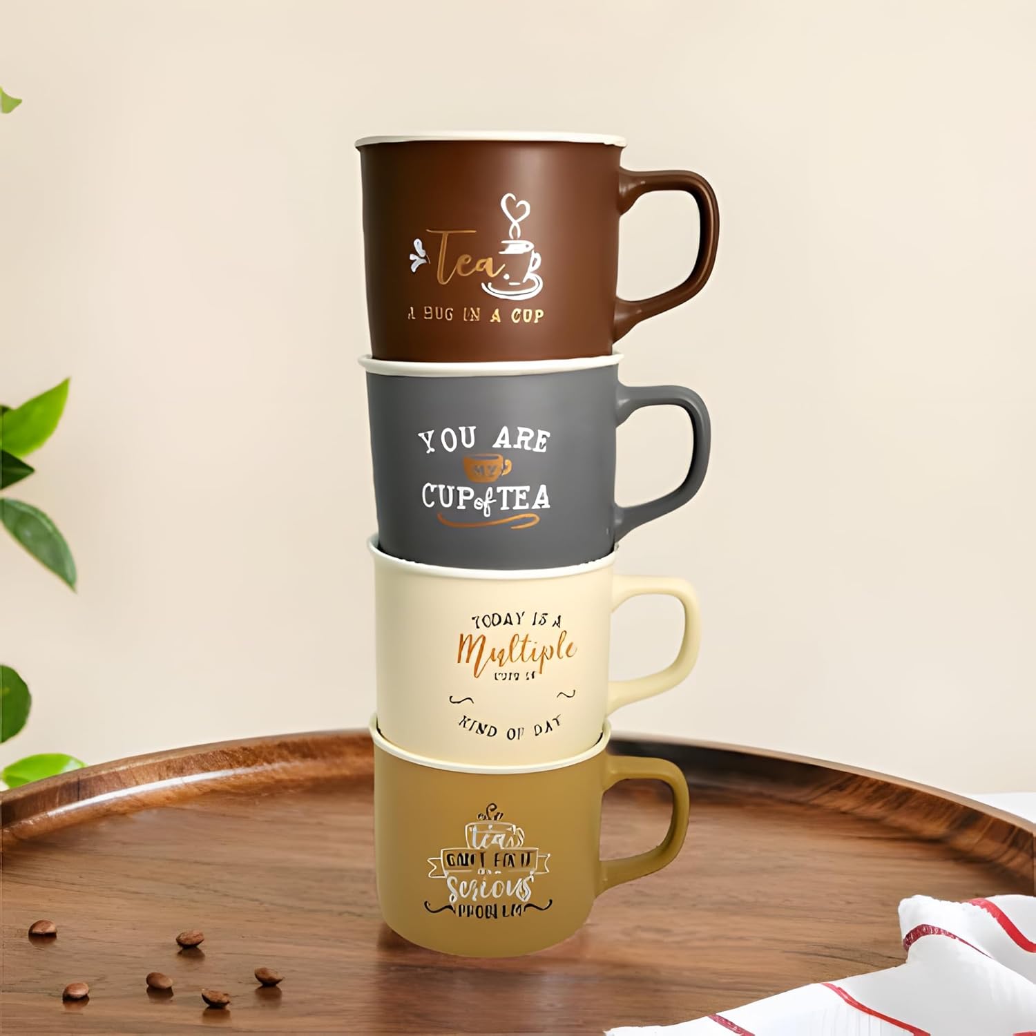 Lemon Tree 4-Piece Matte Porcelain Mug Set – Multicolor Tea  Mugs with Fun & Quirky Text Prints (Brown, Beige, Mustard, Grey)