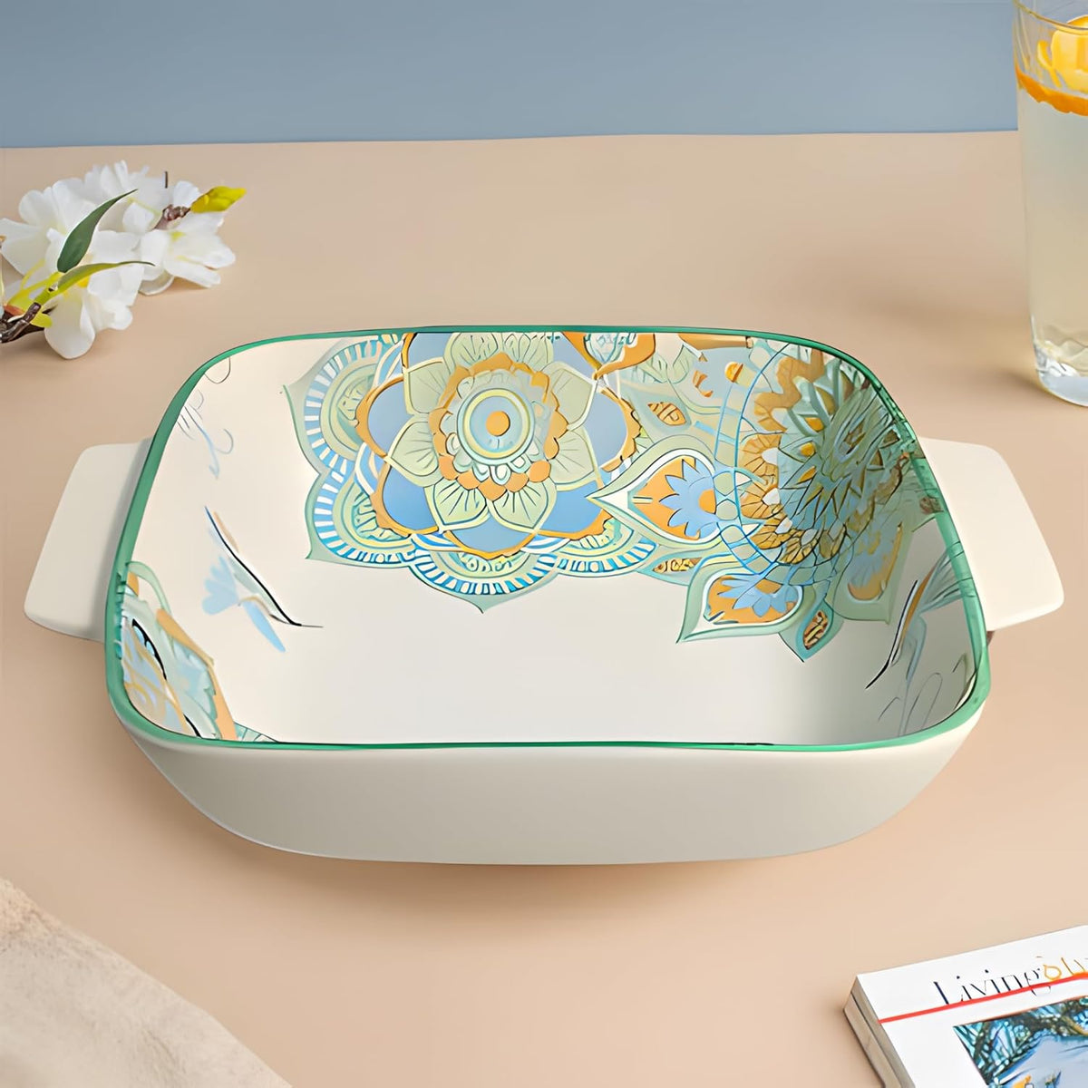 Lemon Tree Blue Ceramic Matte Finish Square Deep Dish Platter with Double Handles – Elegant & Functional Serveware