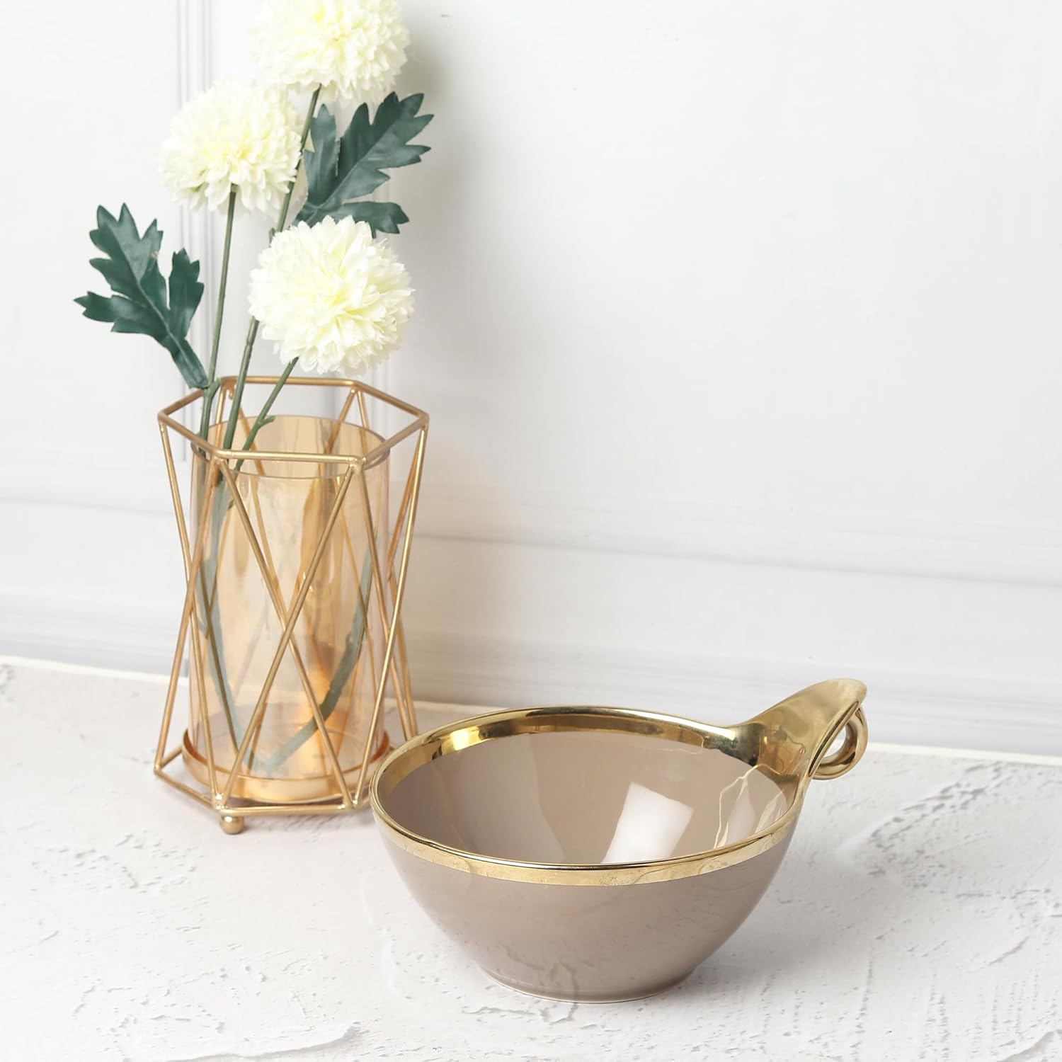 Luxury Brown Ceramic Deep Serving Bowl – 18cm Snack & Salad Dish with Gold Rim & Hook Handle