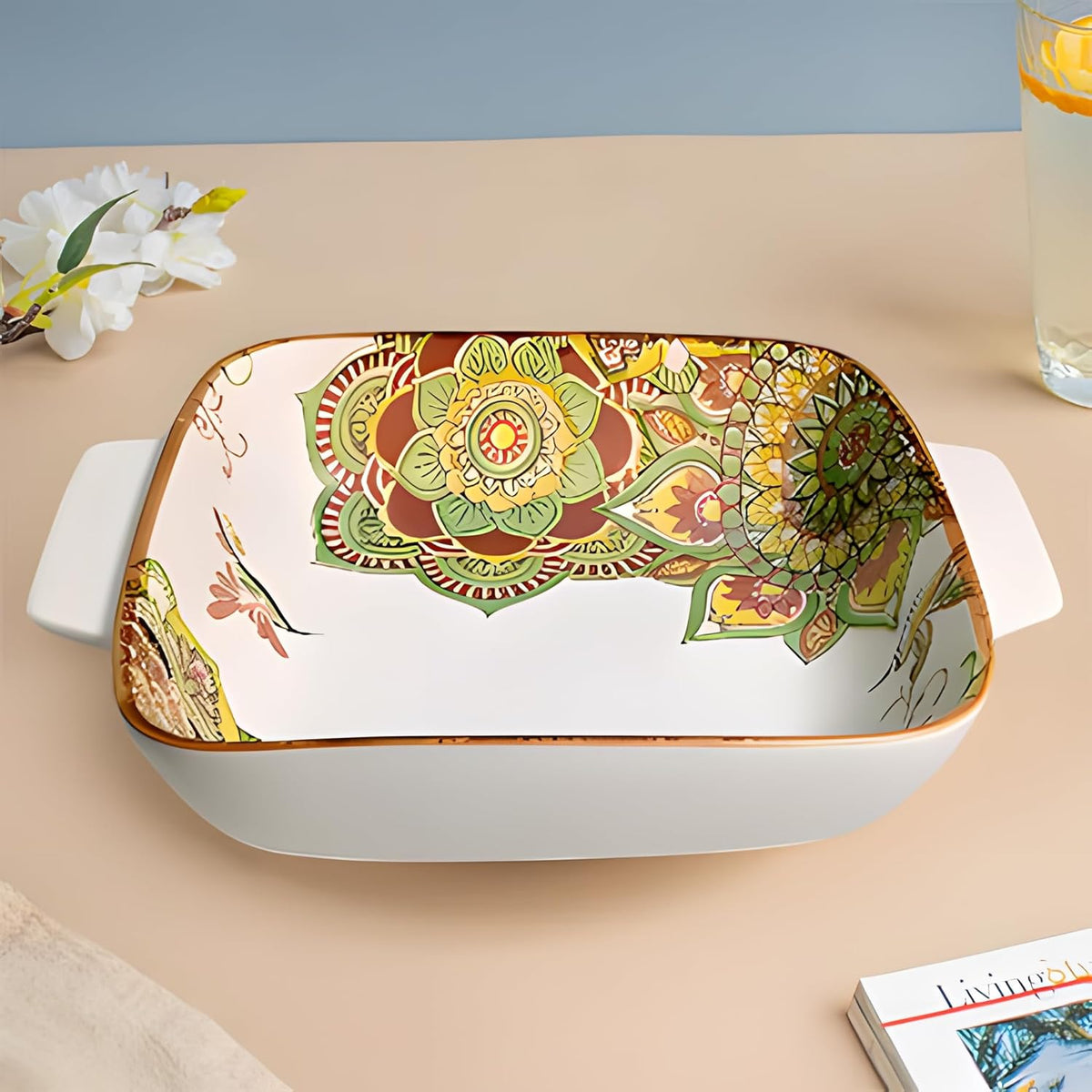 Lemon Tree Green Ceramic Matte Finish Square Deep Dish Platter with Double Handles – Stylish & Versatile Serveware