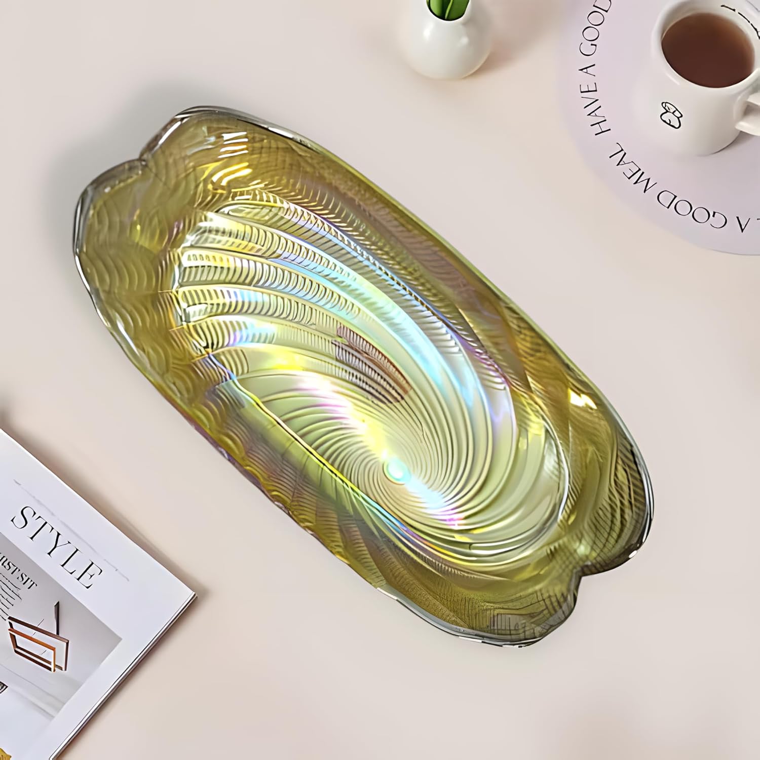 Lemon Tree Golden Pearl Finish Rectangular Deep Glass Platter | Elegant Glossy Serving Dish for Dining & Gifting