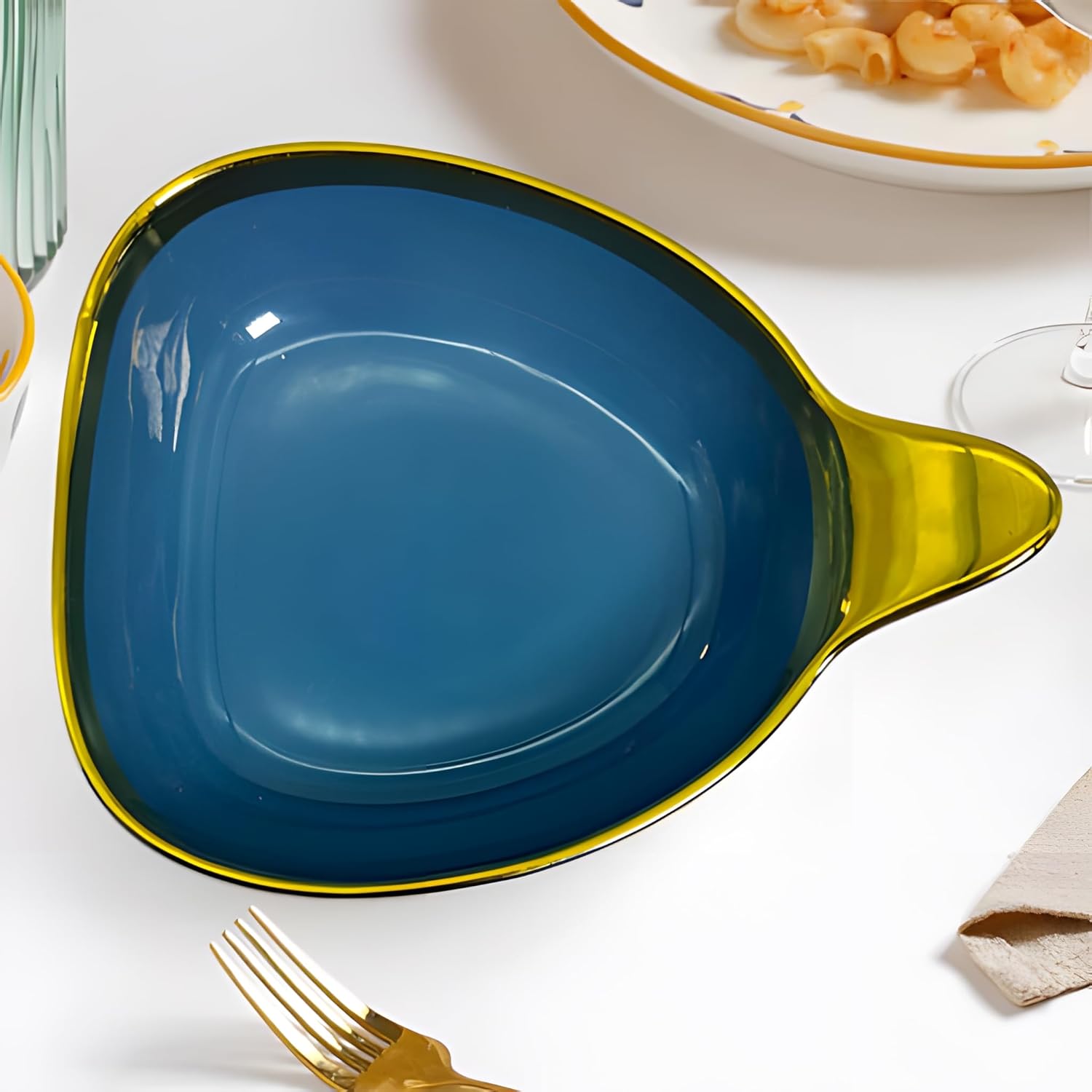 Stylish Blue Triangular Ceramic Deep Serving Bowl – 19cm Dish with Gold Rim & Hook Handle
