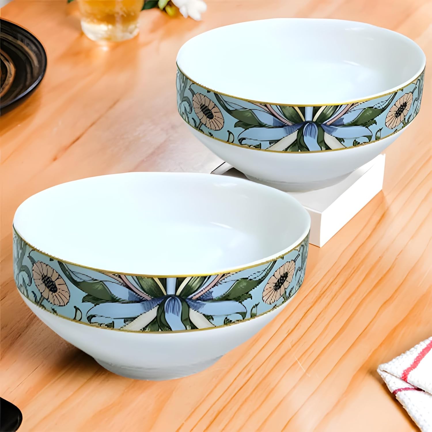Elegant Blue Floral Porcelain Snack Bowls with Gold Rim Set of