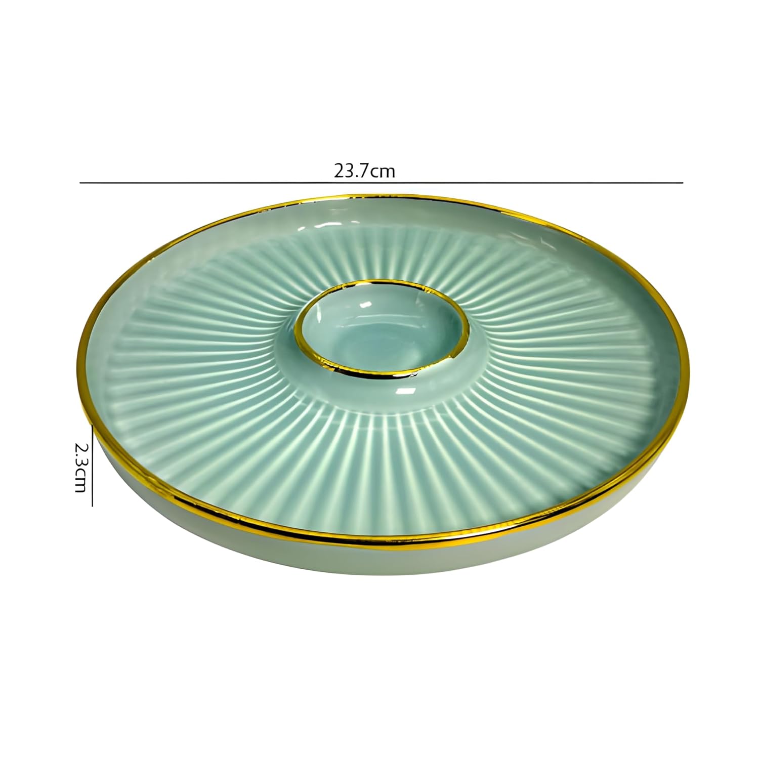 LEMON TREE BLUE HH0901 Ceramic Round Snack Platter with Dip Slot | 23.5 cm | Pastel Shades with Golden Rim