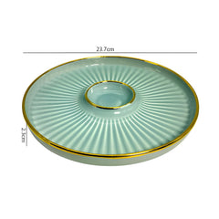 LEMON TREE BLUE HH0901 Ceramic Round Snack Platter with Dip Slot | 23.5 cm | Pastel Shades with Golden Rim