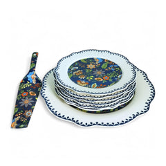 LEMON TREE HJ 1001 Fine Porcelain 8-Piece Cake & Snack Serving Set | Elegant Blue Floral Design | White Scalloped Edge Plates | Gift-Ready