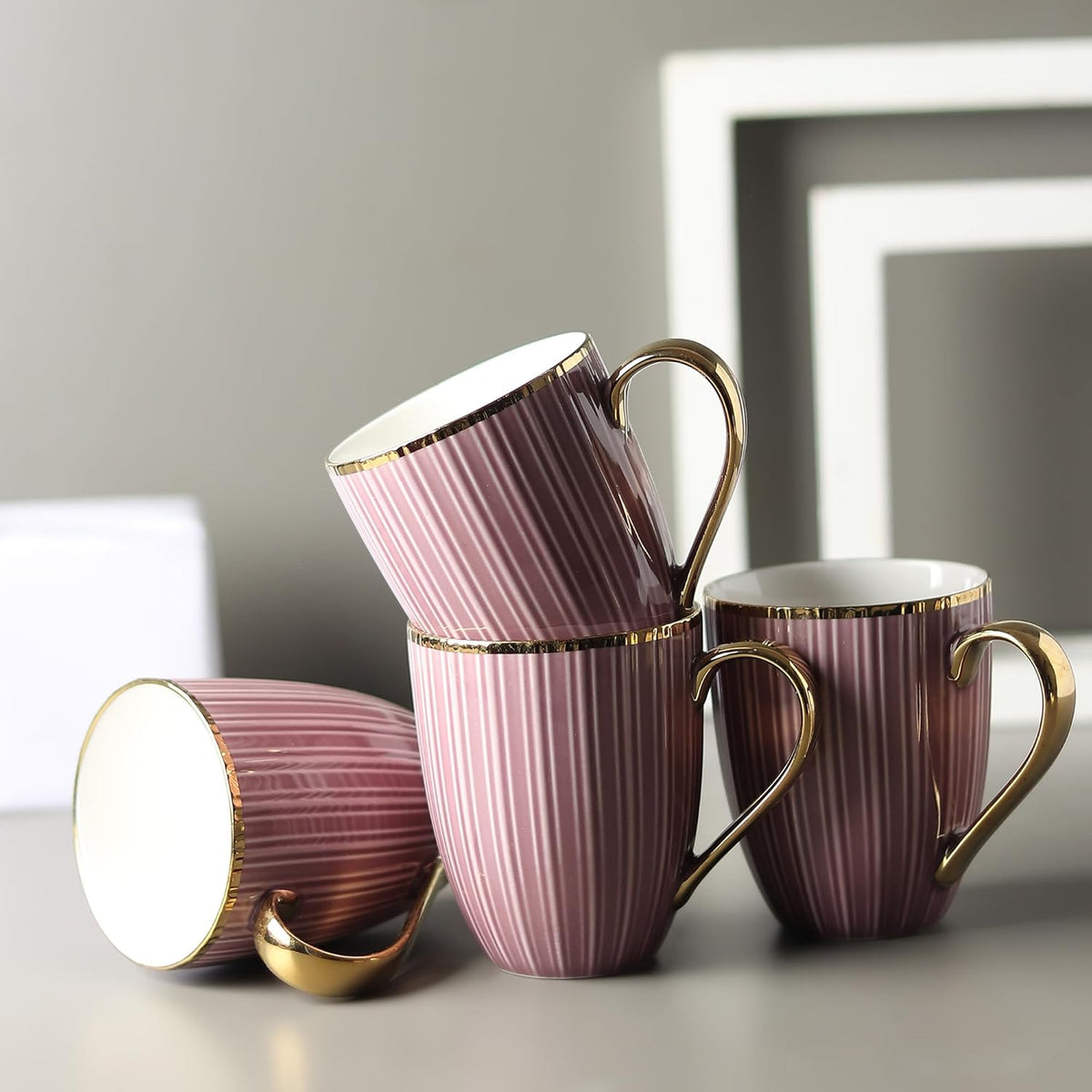 Luxurious Earthy Pink Porcelain Mug Set – 4-Piece Tea & Coffee Mugs with Gold Rim & Handle