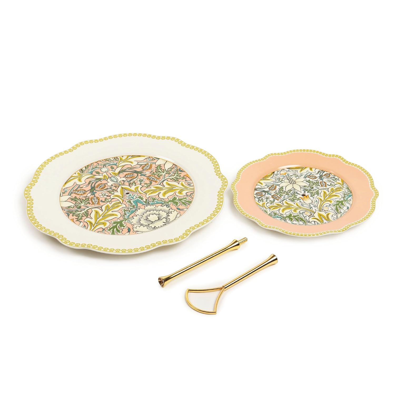 Vintage Floral 2-Tier Porcelain Cake Stand | Elegant Peach & Green Snack Server with Gold Handle