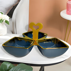Luxury Blue Ceramic Tri-Part Platter with Bamboo Handle & Gold Rim – 24cm