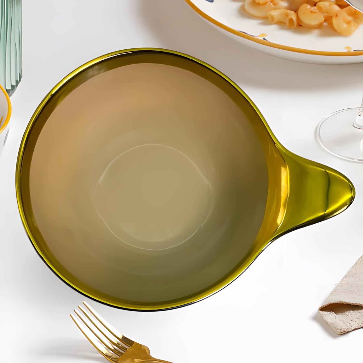 Luxury Brown Ceramic Deep Serving Bowl – 18cm Snack & Salad Dish with Gold Rim & Hook Handle