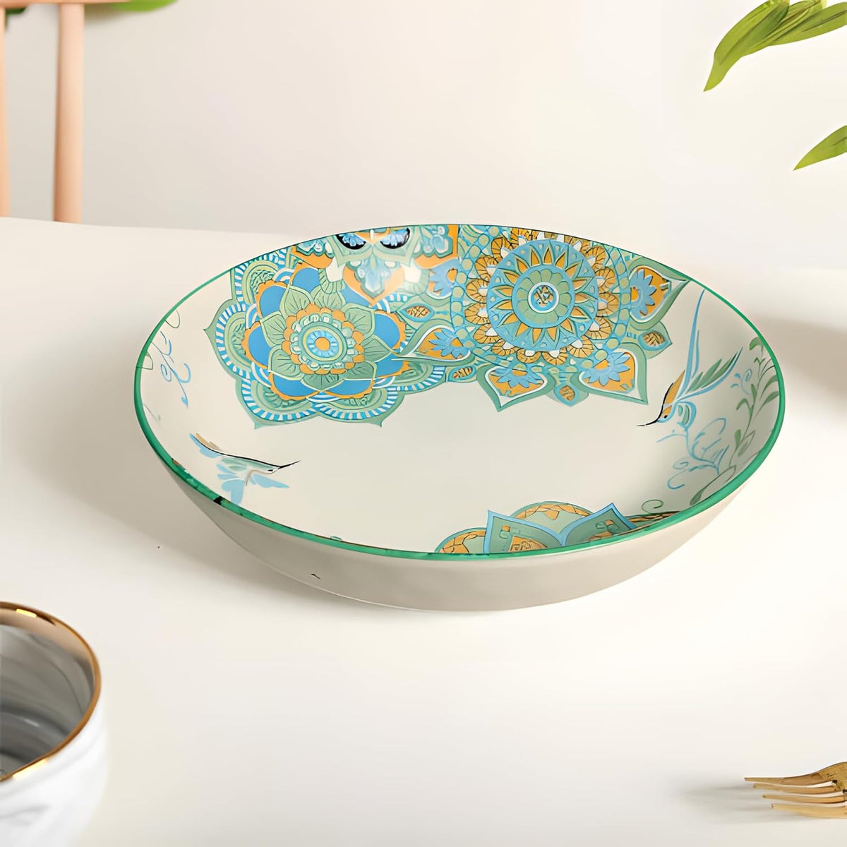 Lemon Tree Blue Ceramic Matte Finish Round Deep Dish Platter – Stylish Serveware for Pasta, Salad & More