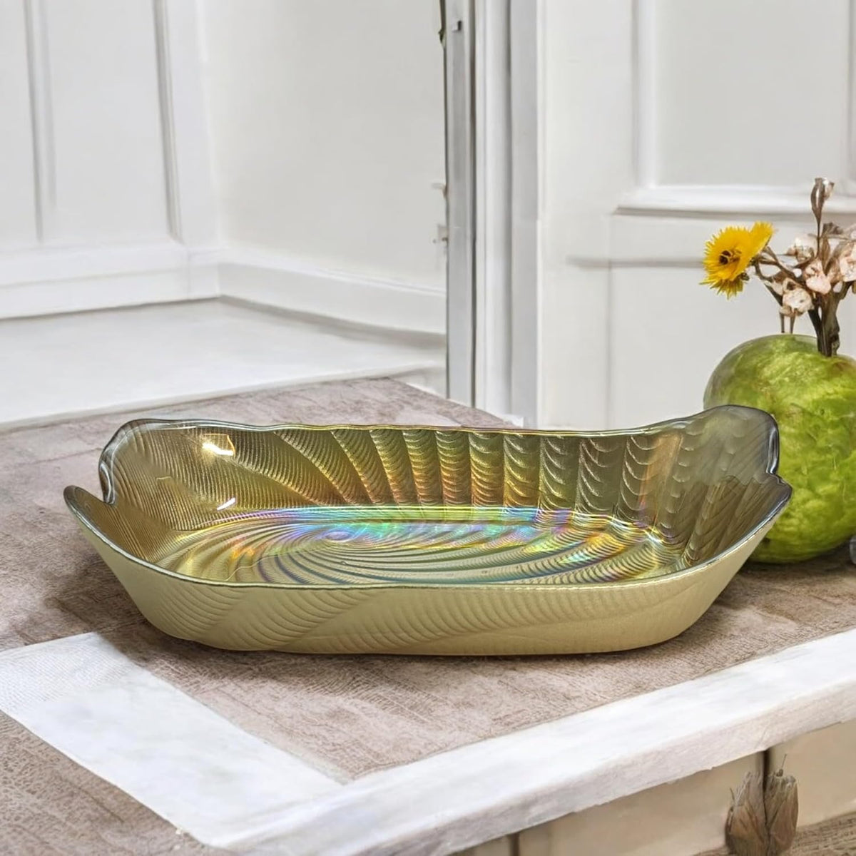 Lemon Tree Golden Pearl Finish Rectangular Deep Glass Platter | Elegant Glossy Serving Dish for Dining & Gifting