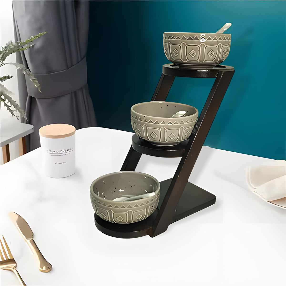 Lemon Tree Grey – Elegant 3-Bowl Ceramic Serving Set with Bamboo Stand & Spoons for Snacks, Dips & Condiments