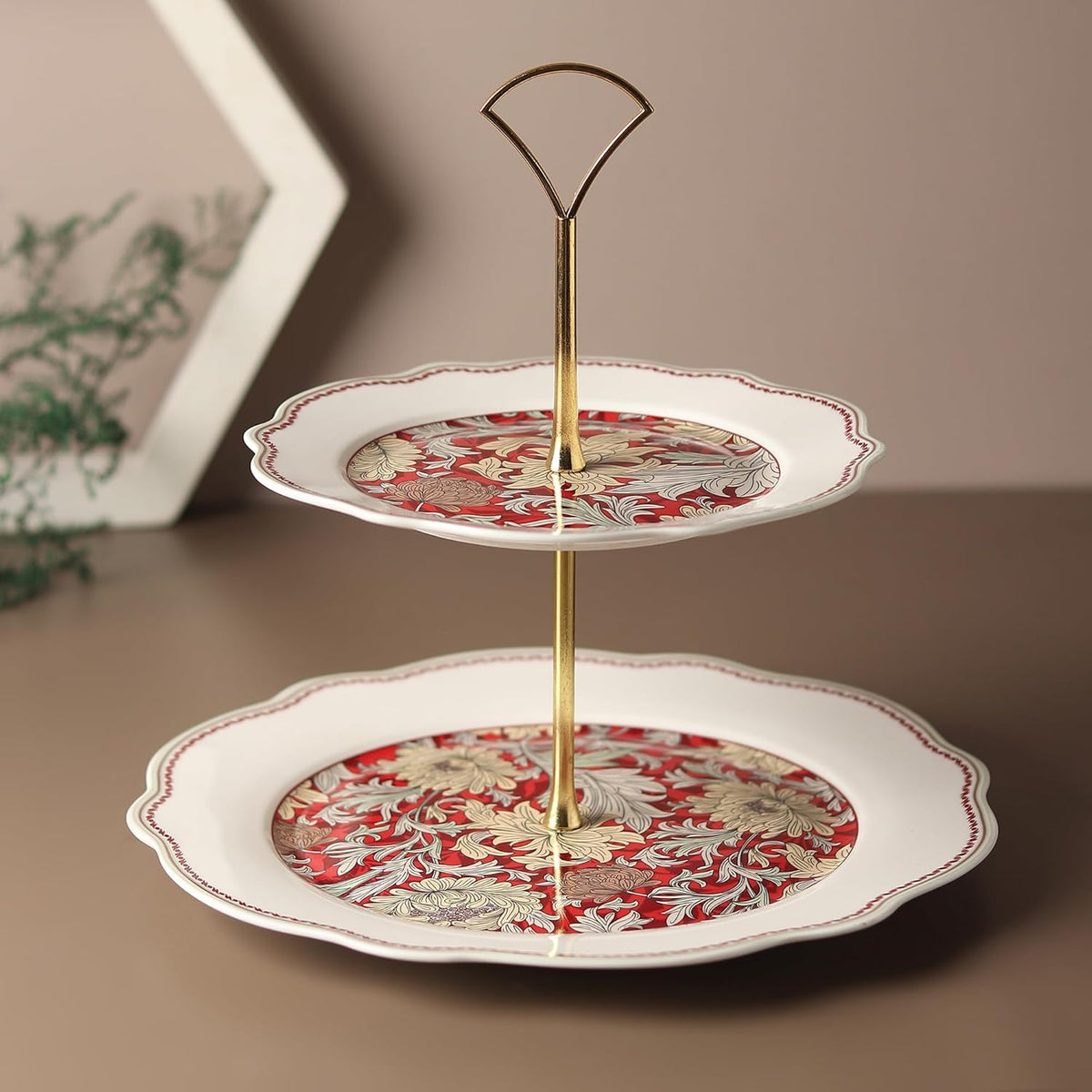 Lemon Tree  HJ1002RED Ceramic Fine Floral Pattern, White and Red, Gold Handle,Porcelain 2-Tier Cake & Snack Stand – Elegant Server with High-Quality Decal Prints