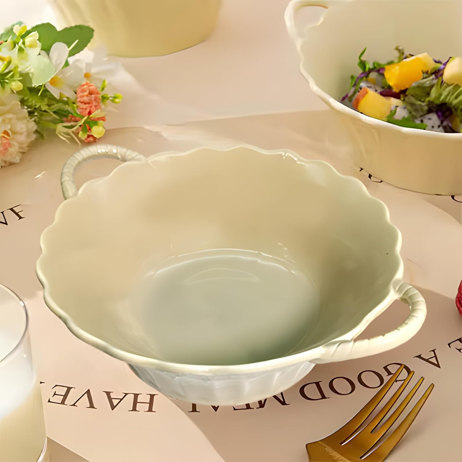 Lemon Tree Beige Round Deep Ceramic Bowl with Double Handles – Stylish Serveware for Pasta, Snacks & Desserts