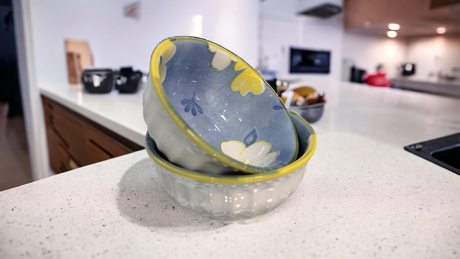 Lemon Tree 2-Piece Blue Floral Ceramic Dip & Nut Bowl Set – 4-Inch, Microwave & Dishwasher Safe