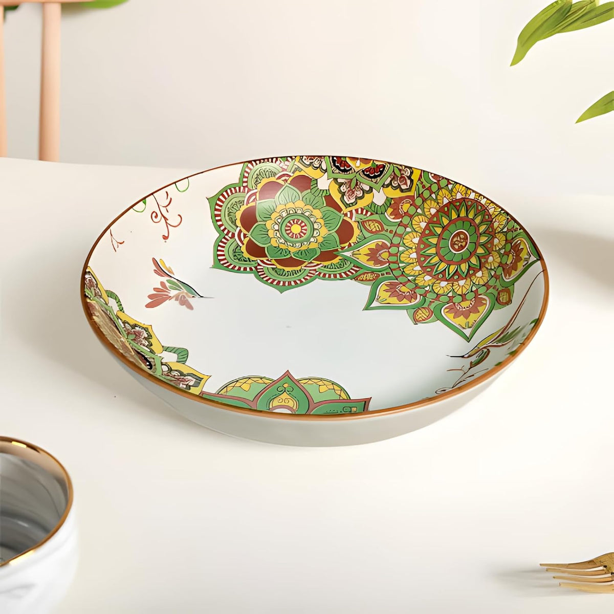 Lemon Tree Green Ceramic Matte Finish Deep Dish Platter – Elegant Serveware for Pasta, Salad & More