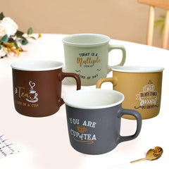 Lemon Tree 4-Piece Matte Porcelain Mug Set – Multicolor Tea  Mugs with Fun & Quirky Text Prints (Brown, Beige, Mustard, Grey)