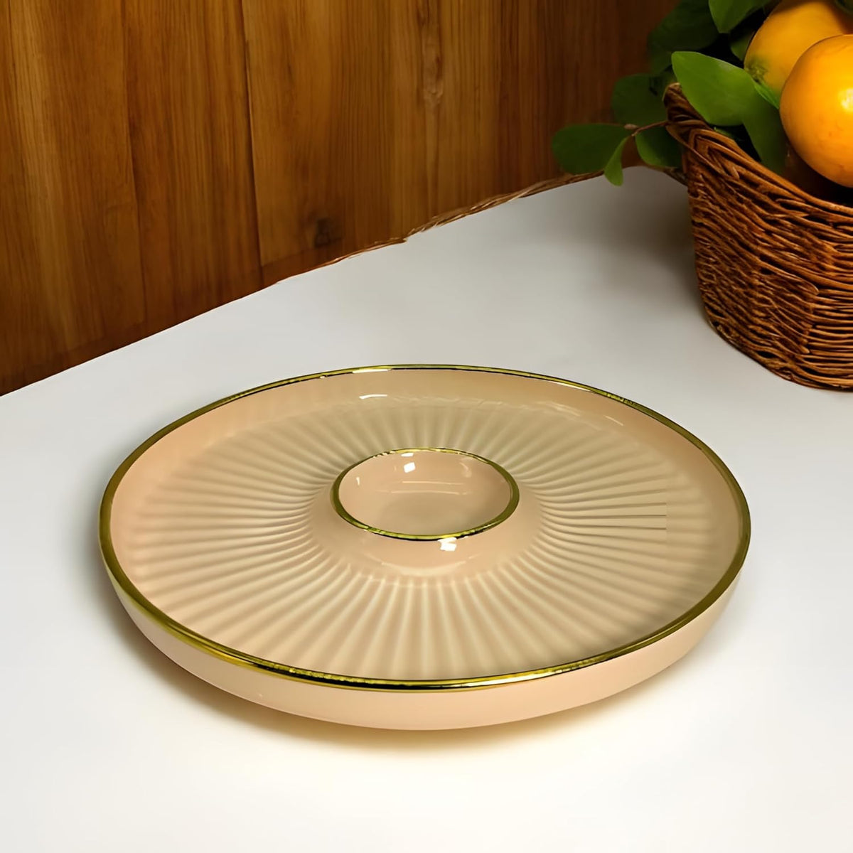 LEMON TREE Peach HH0901 Round Ceramic Snack Platter with Gold Rim | Elegant Chip & Dip Serving Dish | 23.5 cm