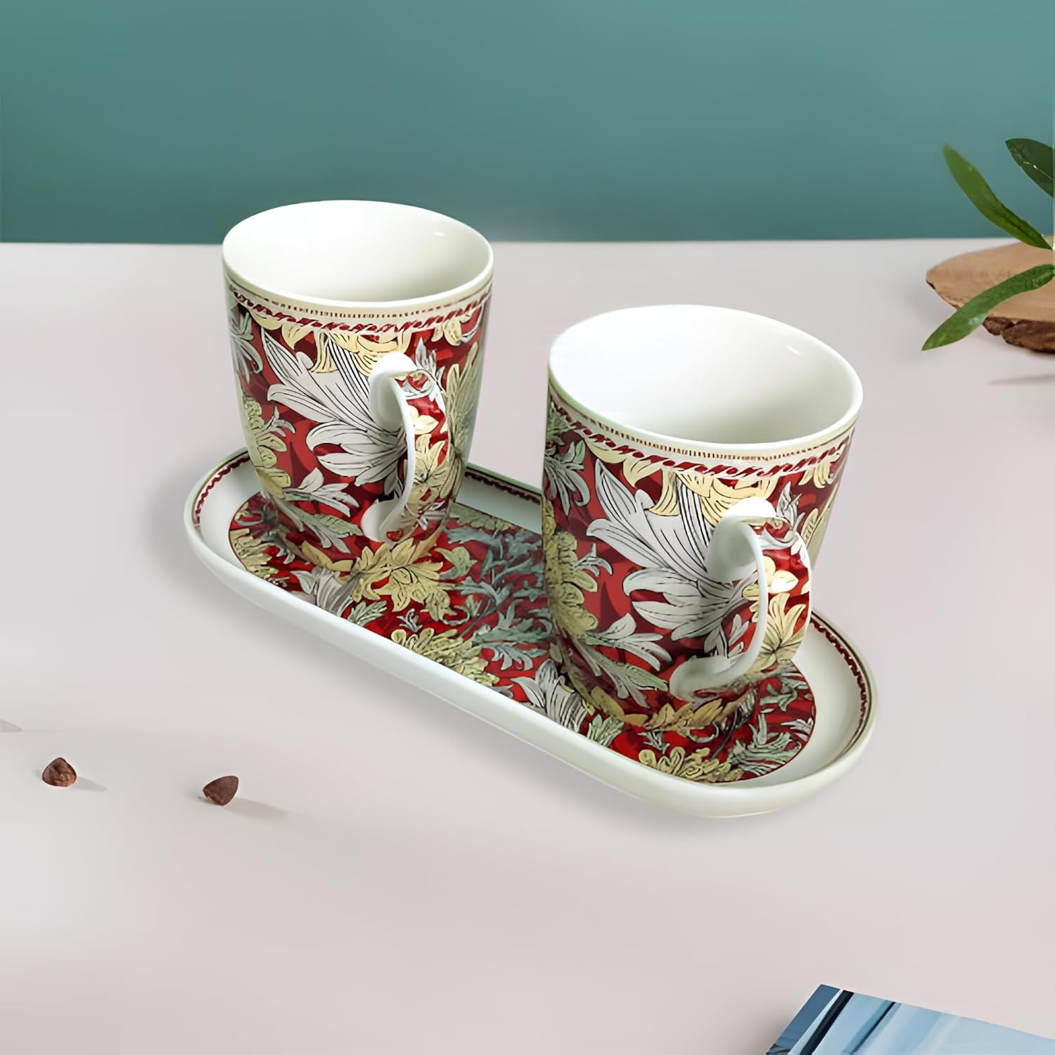 Elegant Red Porcelain Tea & Coffee Mug Set – 3-Piece Gift Set with Snack Platter