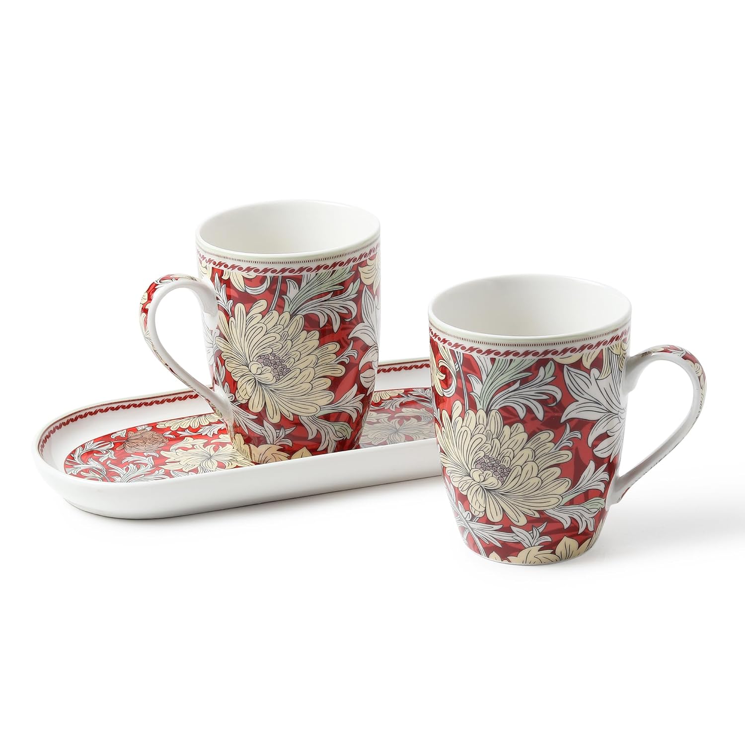 Elegant Red Porcelain Tea & Coffee Mug Set – 3-Piece Gift Set with Snack Platter