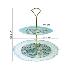Luxury 2-Tier Porcelain Cake Stand | Pastel Blue & Ivory Floral Snack Server | Elegant Gold Handle