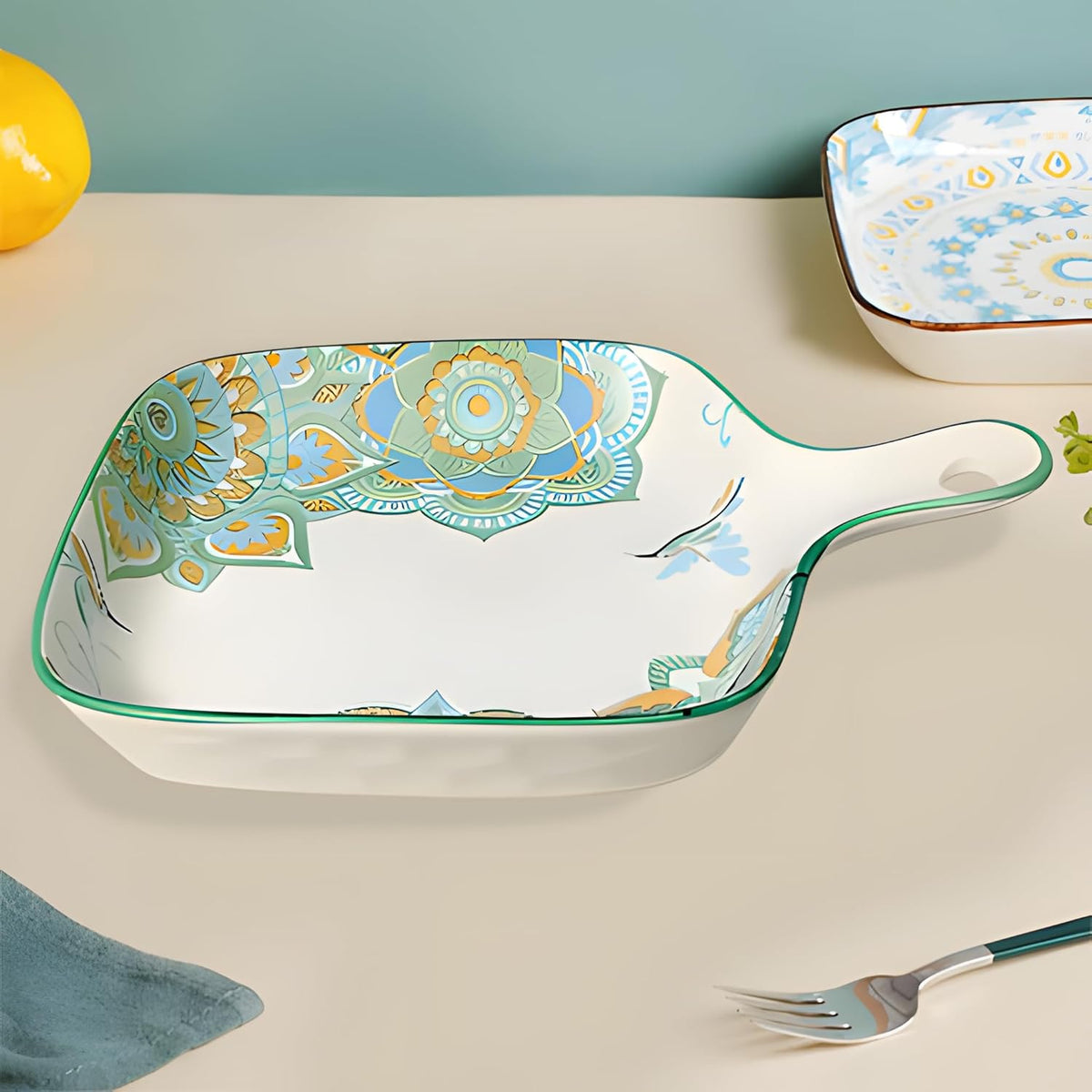 Lemon Tree Blue Ceramic Matte Finish Square Platter with Handle – Stylish & Functional Serveware