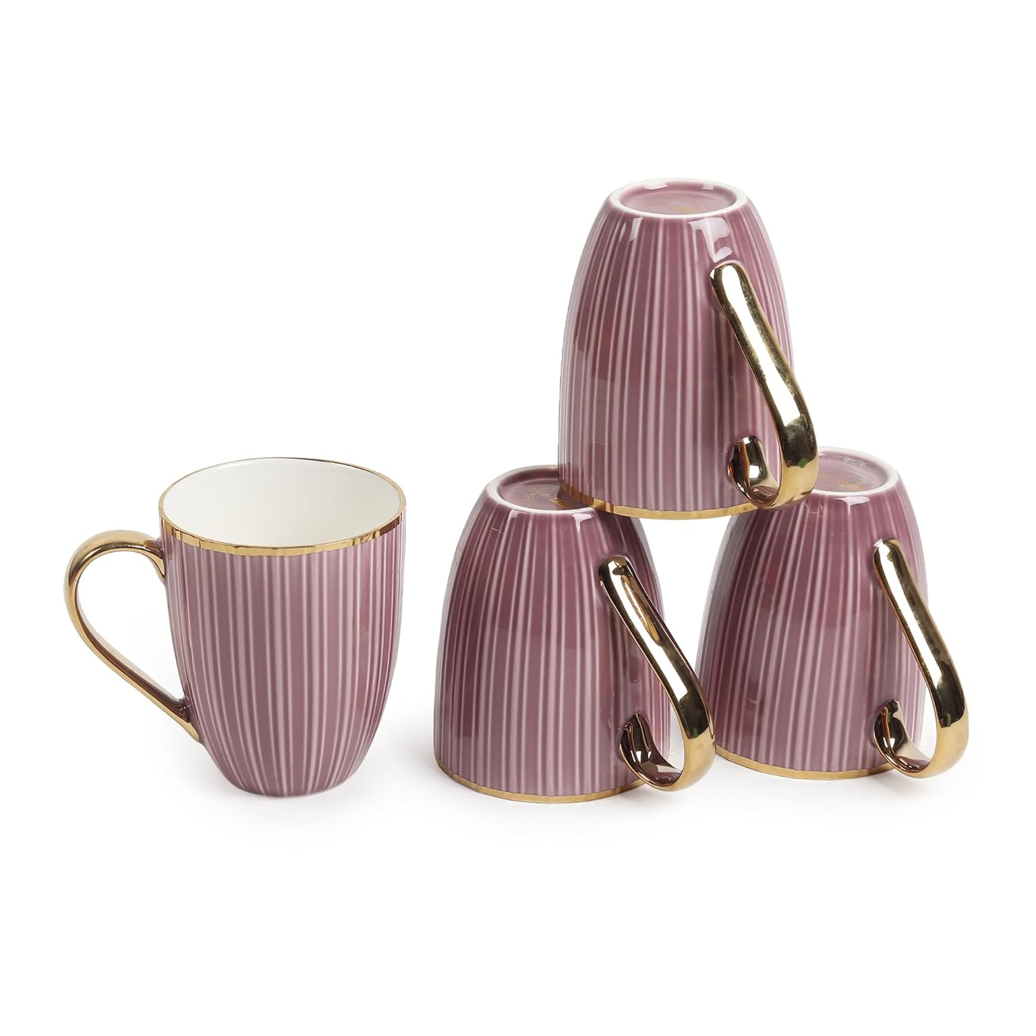 Luxurious Earthy Pink Porcelain Mug Set – 4-Piece Tea & Coffee Mugs with Gold Rim & Handle