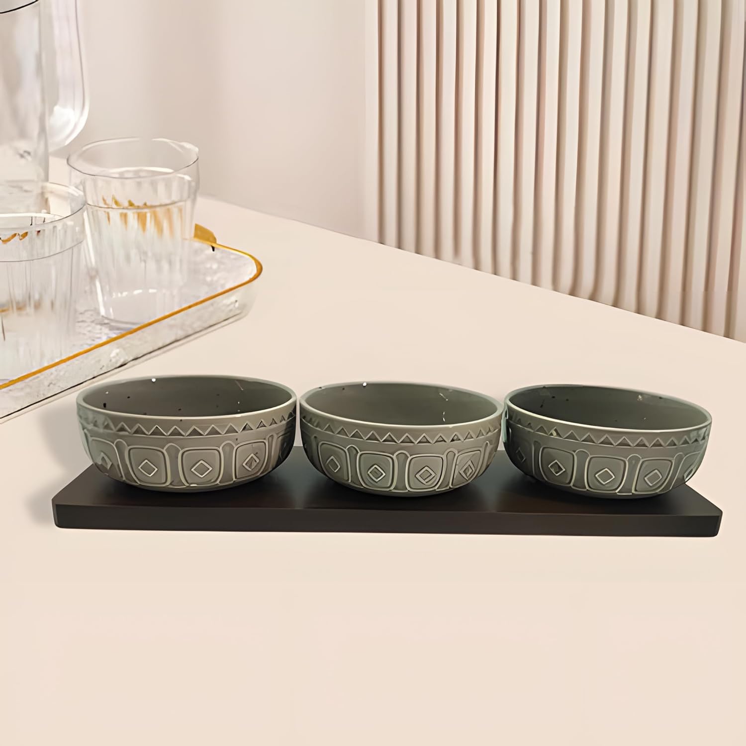 Elegant Grey Ceramic 3-Bowl Set with Bamboo Base – Stylish Serving Tray for Snacks, Dips & More