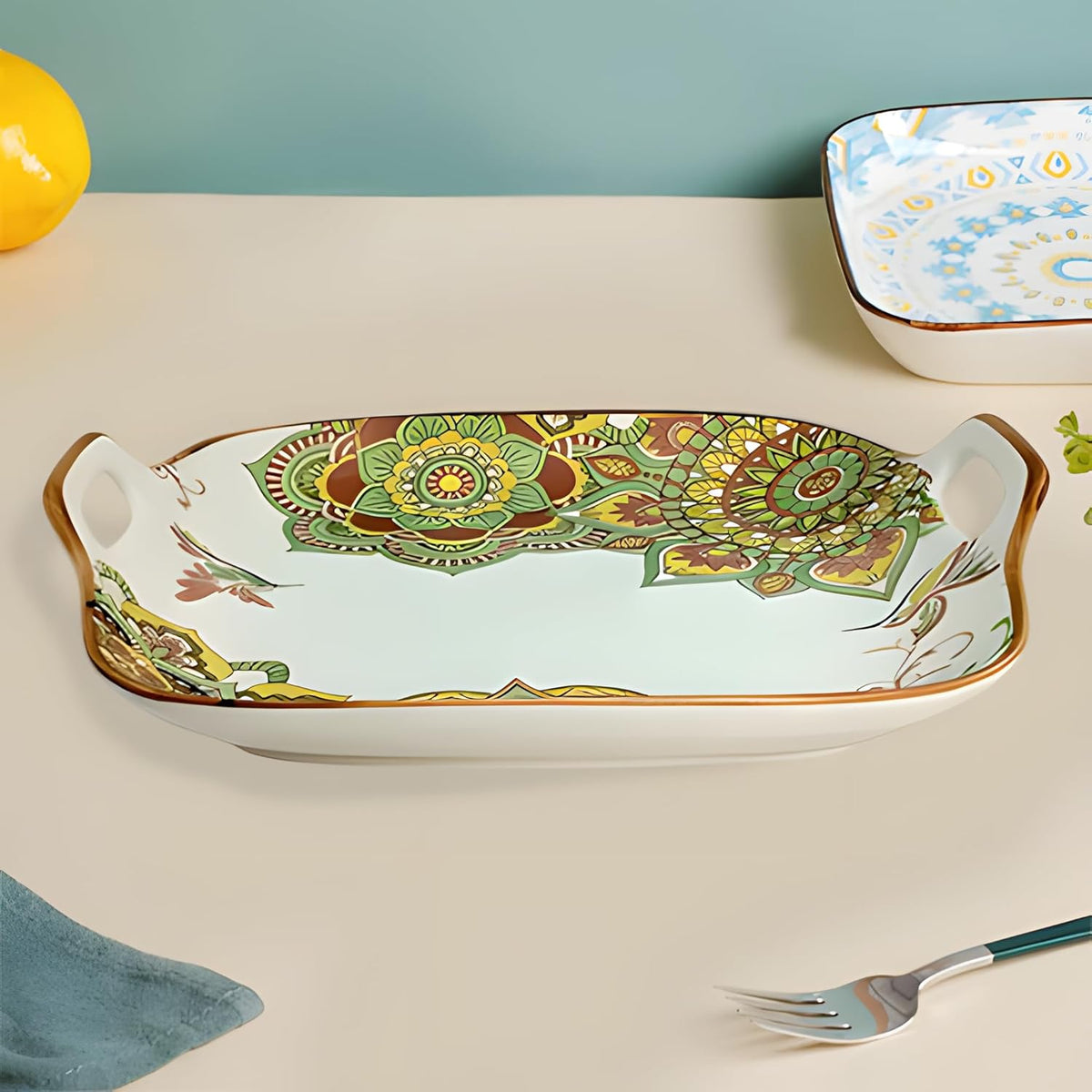 Lemon Tree Green Ceramic Matte Finish Square Platter with Double Ear Handles – Stylish & Versatile Serveware