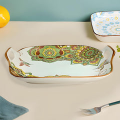 Lemon Tree Green Ceramic Matte Finish Square Platter with Double Ear Handles – Stylish & Versatile Serveware