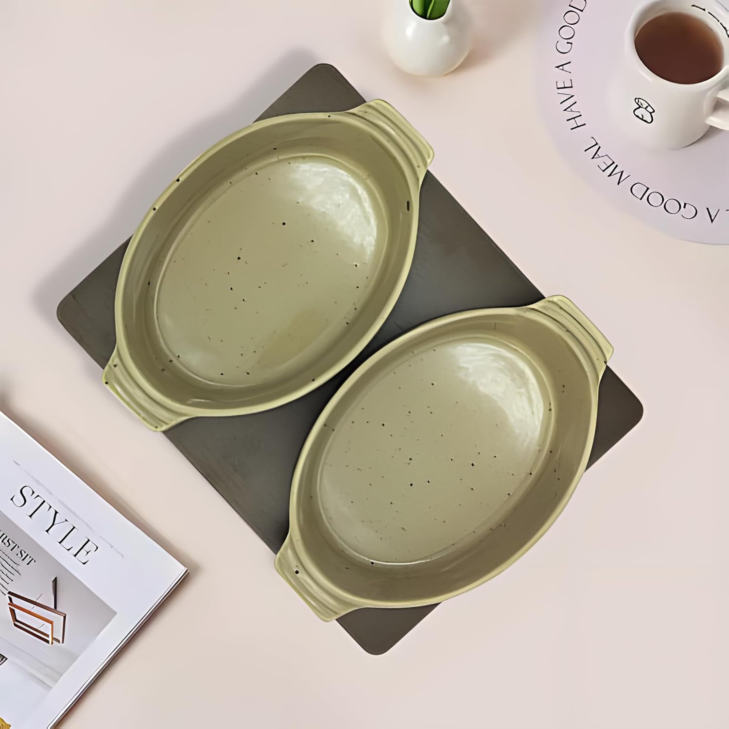 Lemon Tree Ceramic 2-Piece Oval Snack Serving Set with Bamboo Base – Stylish & Versatile
