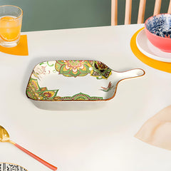 Lemon Tree Green Ceramic Matte Finish Square Platter with Handle – Elegant & Versatile Serveware