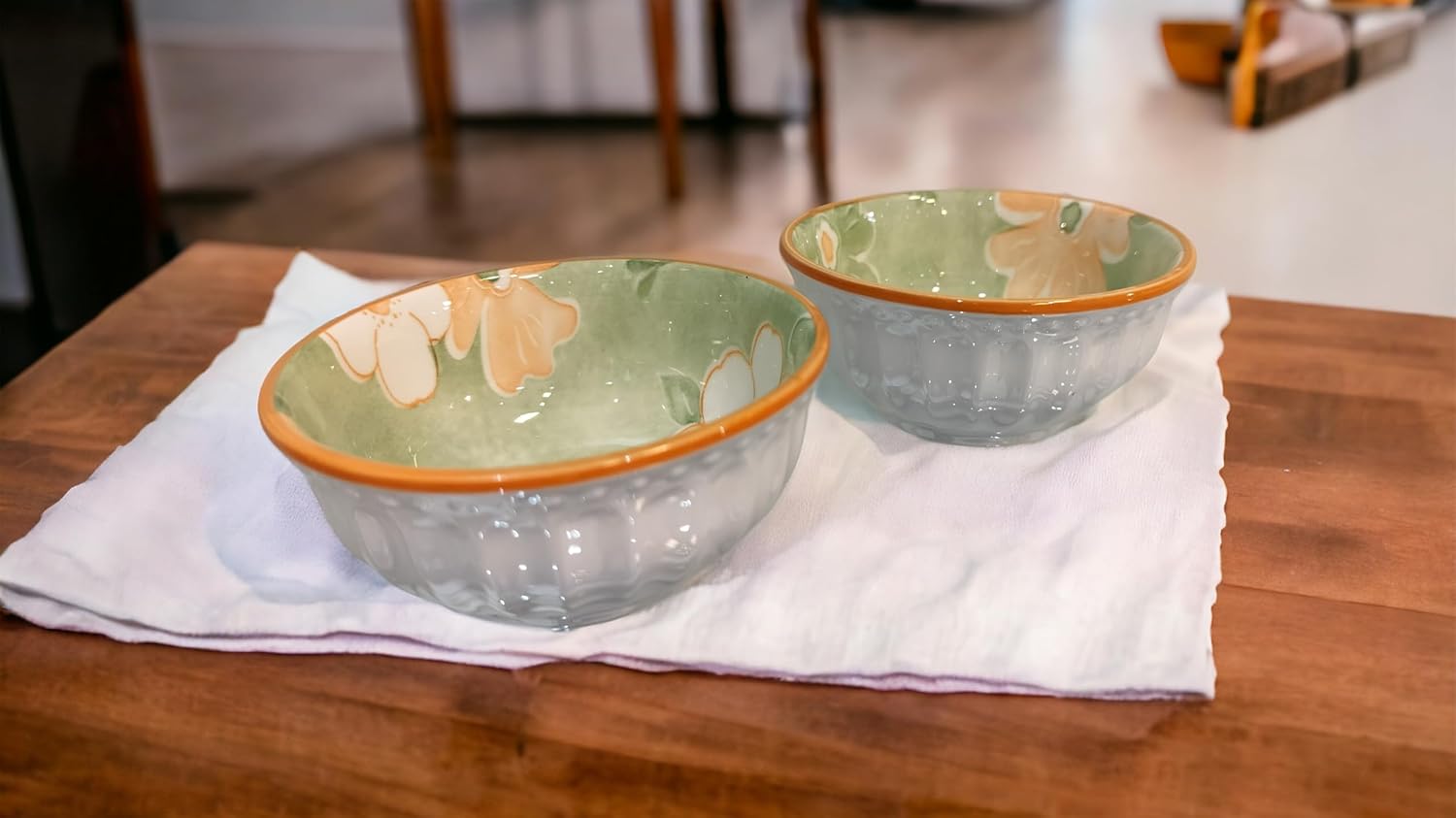 Lemon Tree 2-Piece Green Floral Ceramic Dip & Nut Bowl Set – 4-Inch, Microwave & Dishwasher Safe