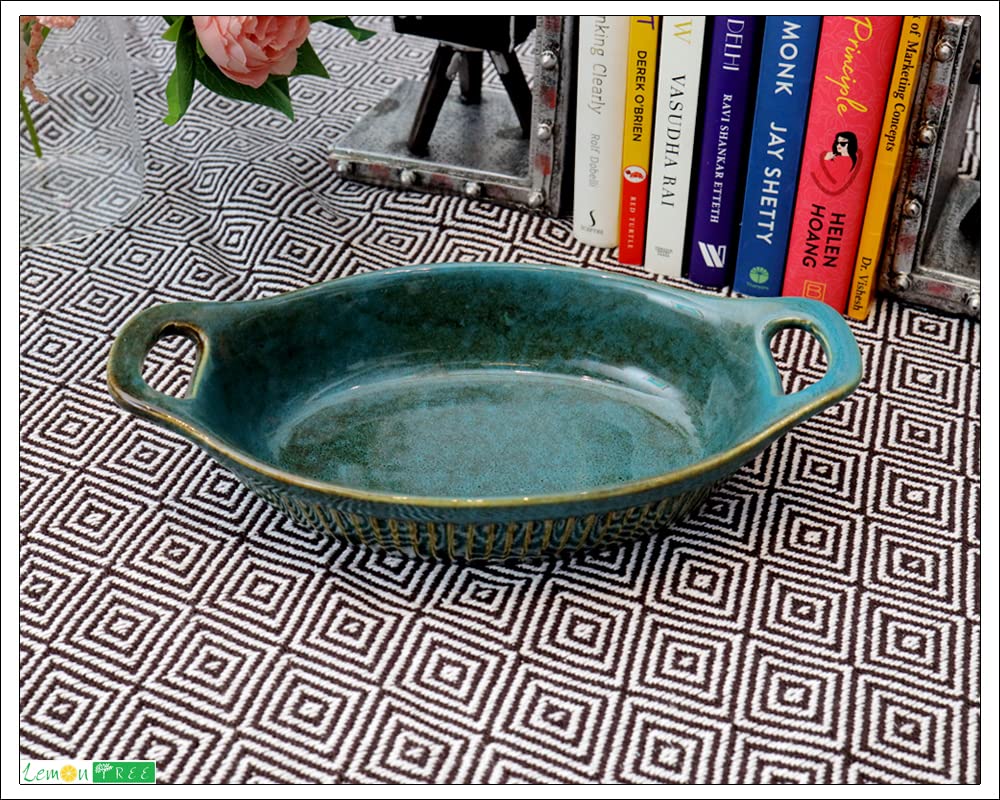 Lemon Tree 600ml Oval Ceramic Serving Dish with Handle | Stylish Stoneware Bowl for Snacks & Starters | Microwave & Dishwasher Safe