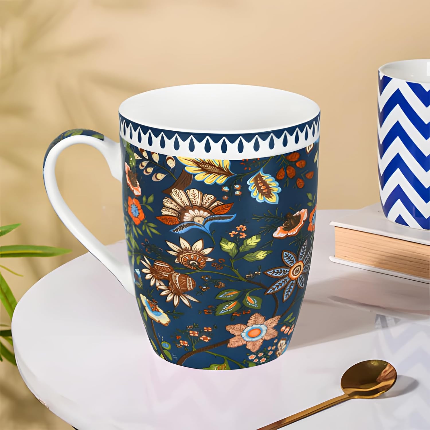 Lemon Tree Dark Blue Ceramic Mug Set – 2-Piece 360 ML Porcelain Tea & Coffee Cups with Stylish Prints