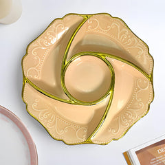 Peach Round Ceramic Partition Platter with Gold Rim – Stylish Chip & Dip Tray for Snacks & Desserts