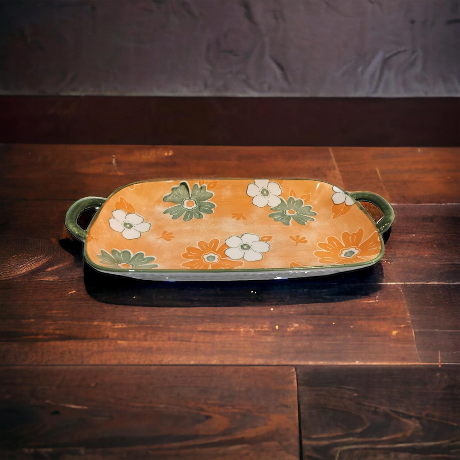 Lemon Tree Orange Ceramic Deep Dish Platter | Stylish Rectangular Serving Platter with Handles | Elegant Snack & Dessert Plate
