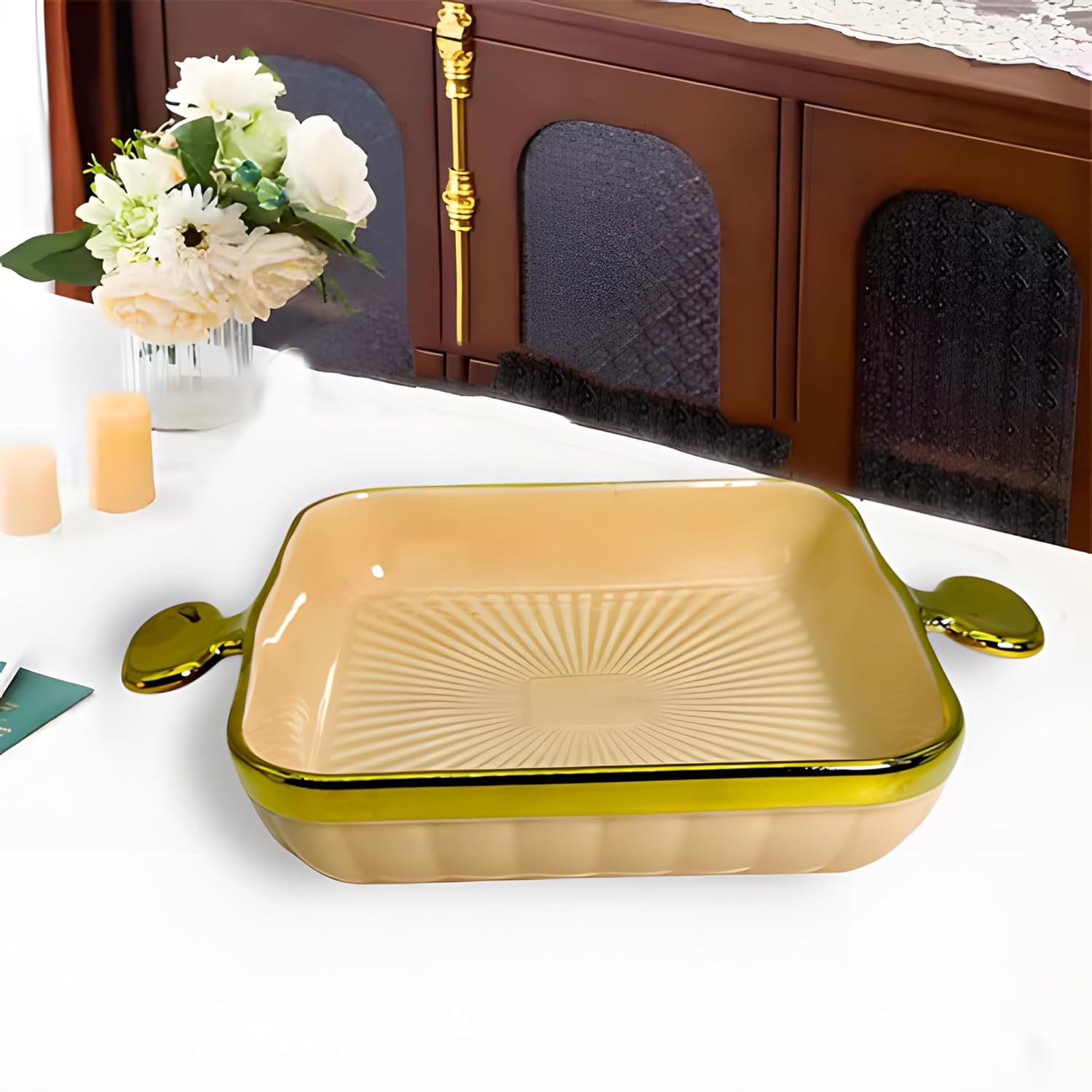 Lemon Tree Peach HH0902 Square Ceramic Deep Snack Platter | Elegant Serveware with Golden Rim & Handles | 24 cm