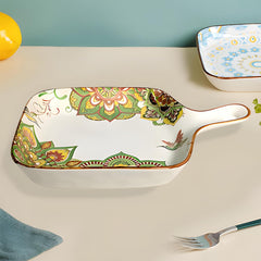 Lemon Tree Green Ceramic Matte Finish Square Platter with Handle – Elegant & Versatile Serveware