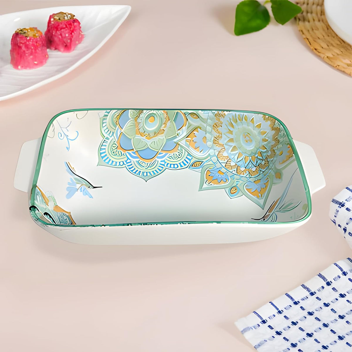 Lemon Tree Blue Ceramic Matte Finish Rectangular Deep Dish Platter with Handles – Stylish Serveware for Snacks & Desserts