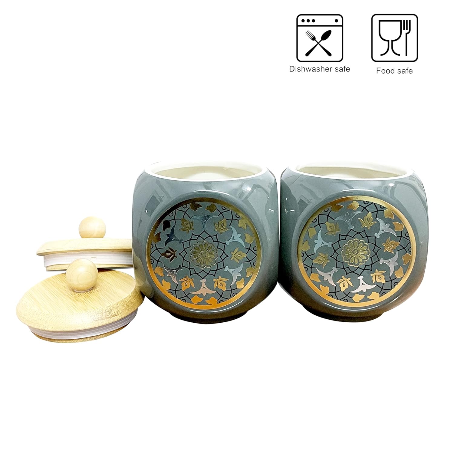 Lemon Tree Grey Floral Ceramic Storage Jars – Set of 2 (500ml) | Airtight Wooden Lid Canisters for Tea, Coffee, Spices & Snacks