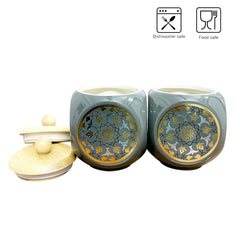 Lemon Tree Grey Floral Ceramic Storage Jars – Set of 2 (500ml) | Airtight Wooden Lid Canisters for Tea, Coffee, Spices & Snacks