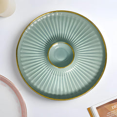 LEMON TREE BLUE HH0901 Ceramic Round Snack Platter with Dip Slot | 23.5 cm | Pastel Shades with Golden Rim
