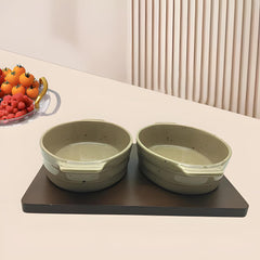 Lemon Tree Ceramic 2-Piece Oval Snack Serving Set with Bamboo Base – Stylish & Versatile