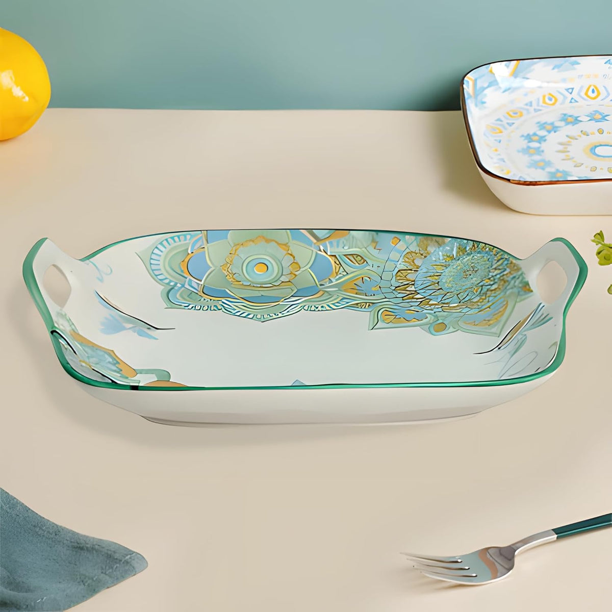 Lemon Tree Blue Ceramic Matte Finish Square Platter with Double Ear Handles – Elegant & Functional Serveware