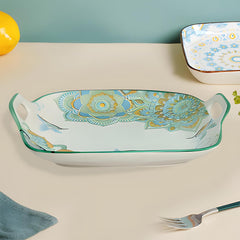 Lemon Tree Blue Ceramic Matte Finish Square Platter with Double Ear Handles – Elegant & Functional Serveware
