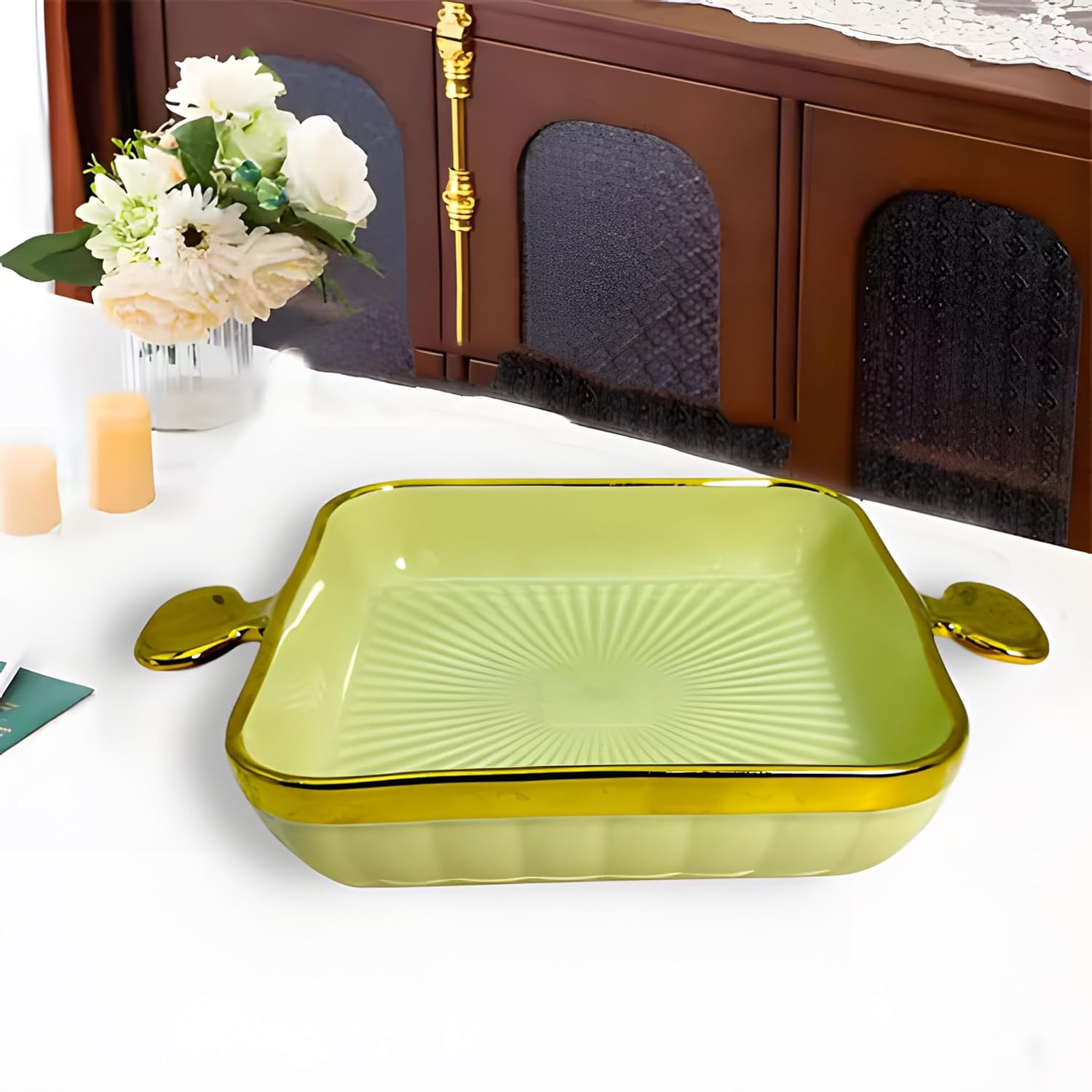 Lemon Tree Green HH0902 Square Ceramic Deep Snack Platter with Golden Rim & Handles | Elegant Serveware | 24 cm