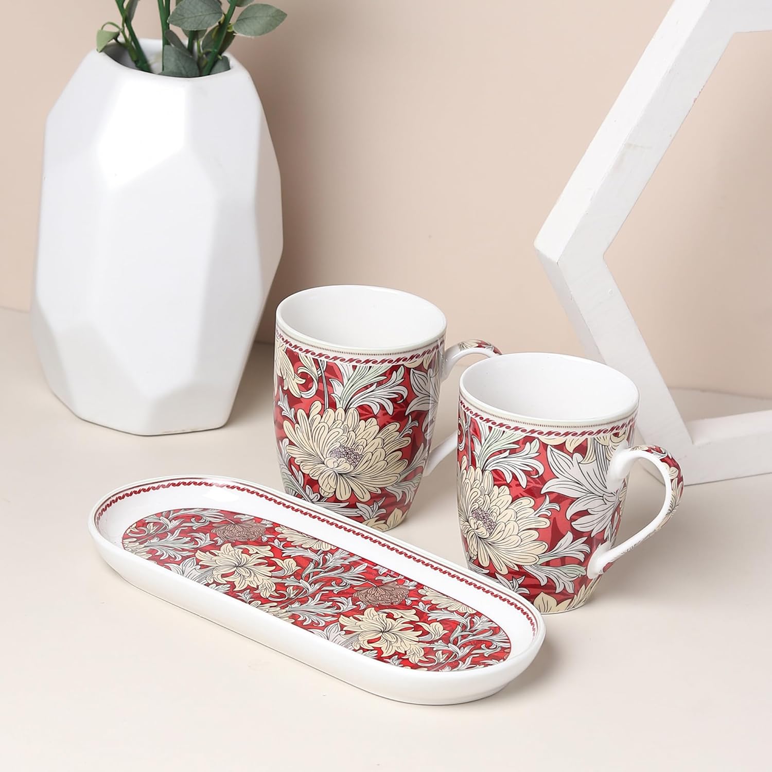 Elegant Red Porcelain Tea & Coffee Mug Set – 3-Piece Gift Set with Snack Platter